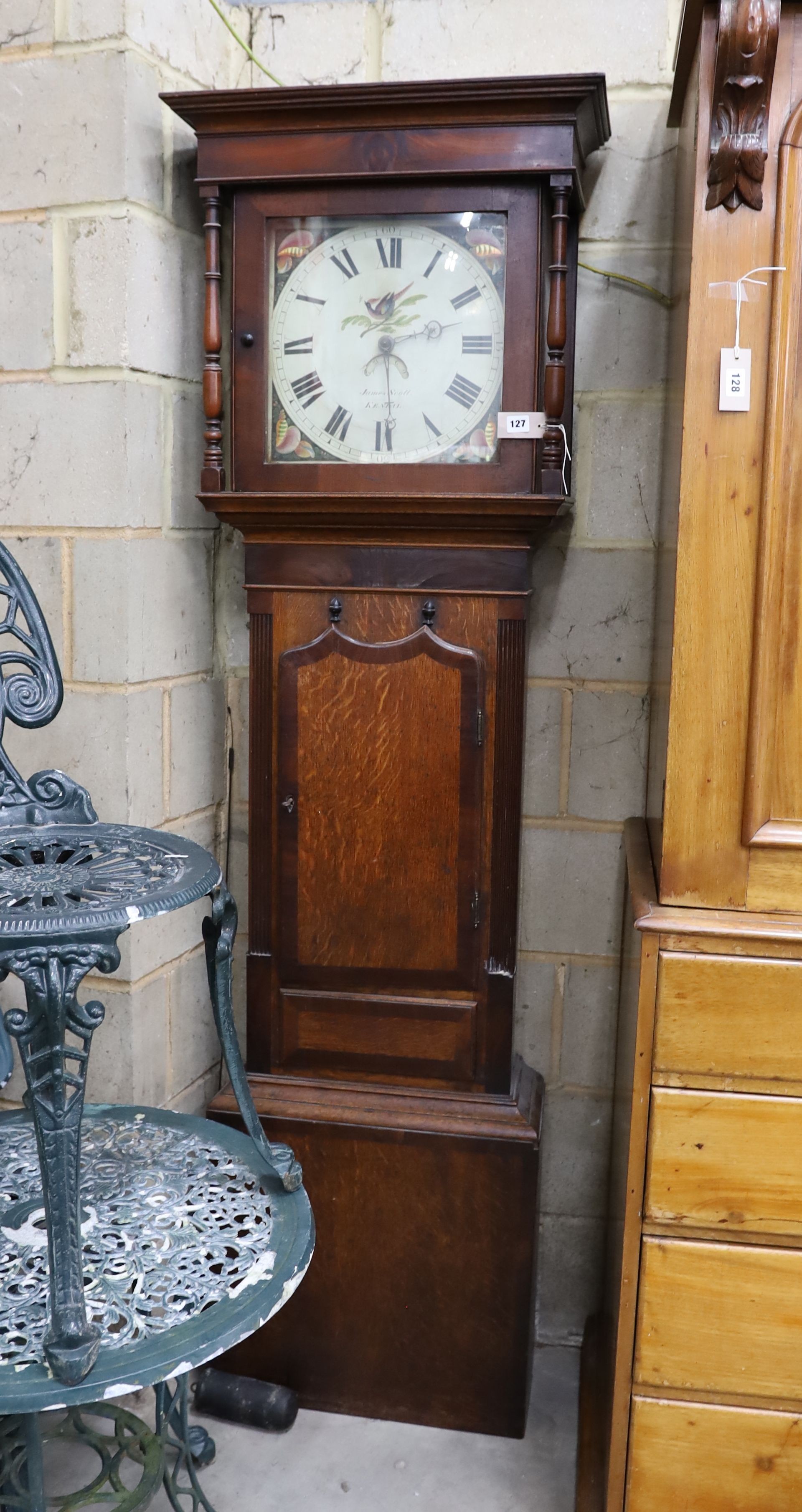 A George III 30 hour longcase clock, having painted dial signed 'James Scott, Kendal' in mahogany banded oak case, height 200cm